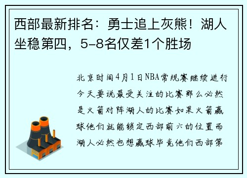 西部最新排名：勇士追上灰熊！湖人坐稳第四，5-8名仅差1个胜场